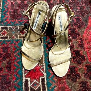 Manolo Blahnik bronze/gold cross front minimalist high heel size 37
